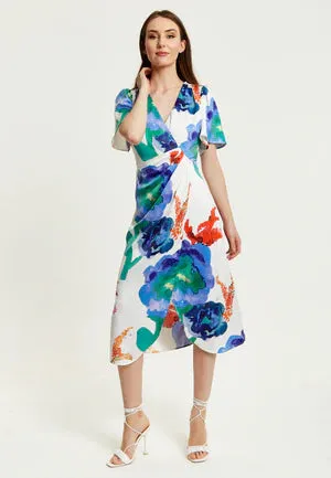 Liquorish Floral Print White Based Midi Wrap Dress