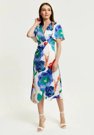 Liquorish Floral Print White Based Midi Wrap Dress