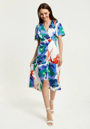 Liquorish Floral Print White Based Midi Wrap Dress