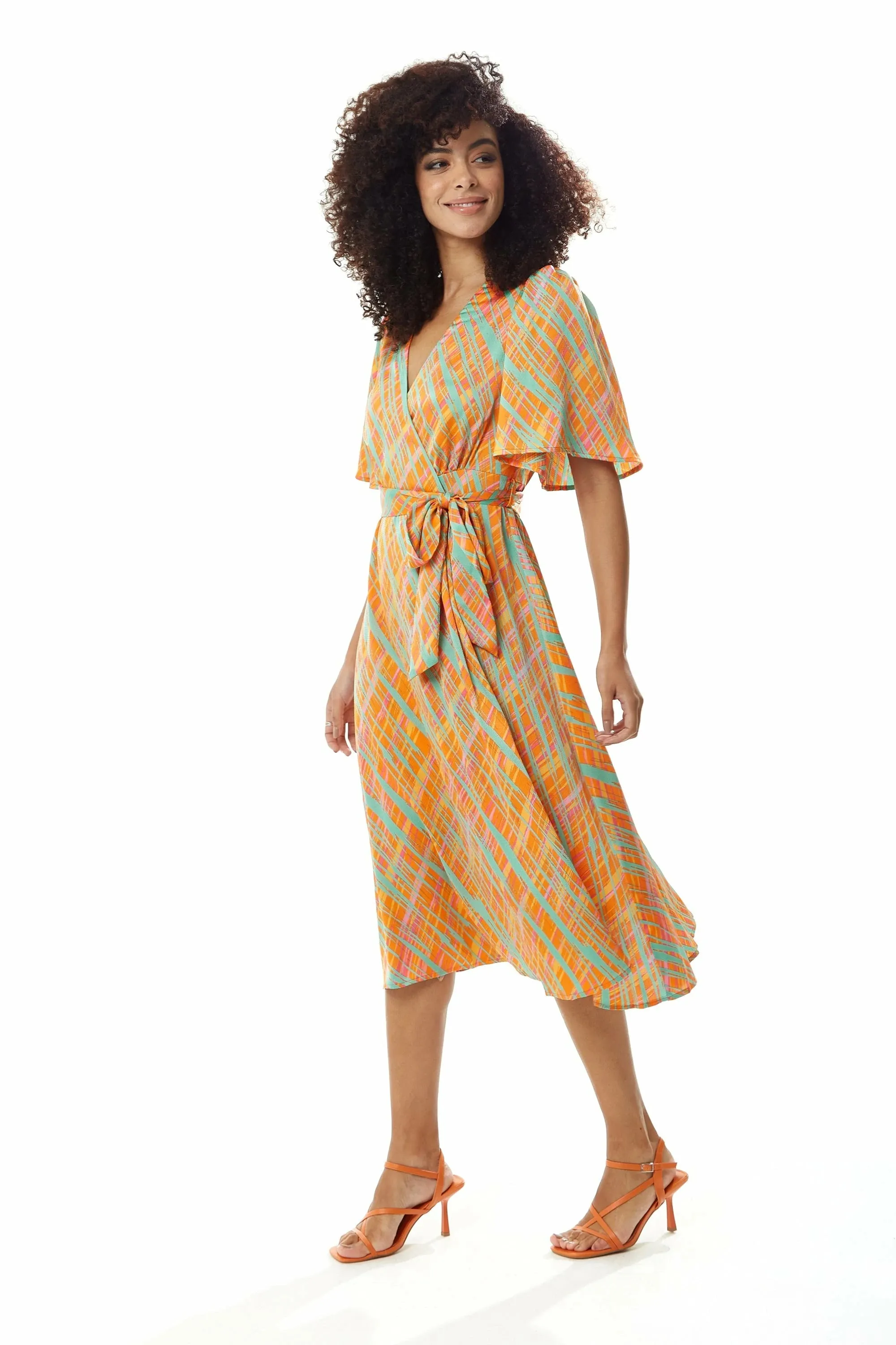 Liquorish Midi Wrap Dress In Orange Scribble Print