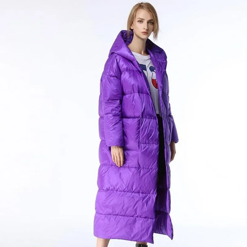 Long Knee Purple Down Jacket Fashion Hooded Parka 2018