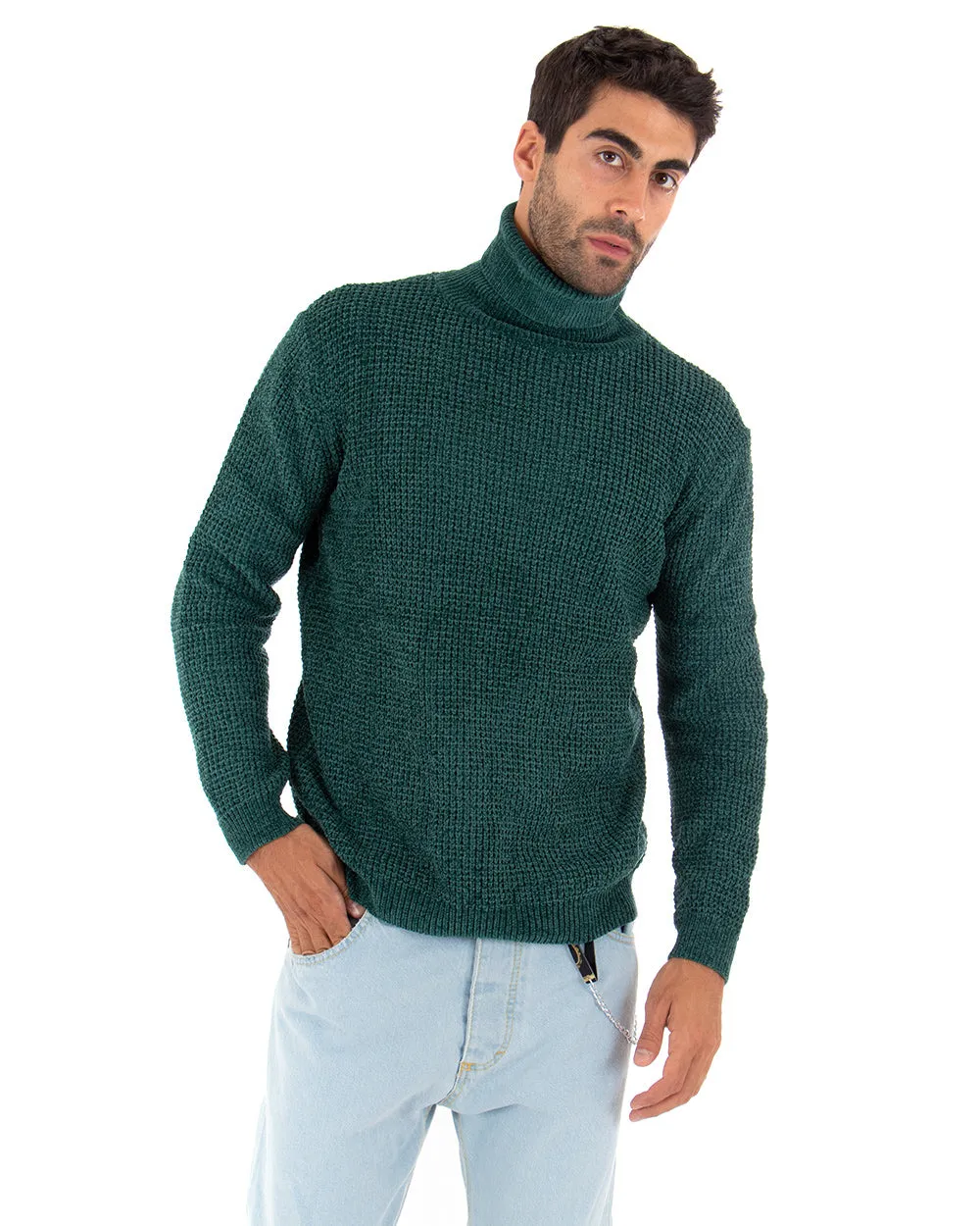 Maglioncino Uomo Collo Alto Tinta Unita Verde Maglia Dolcevita Ciniglia GIOSAL-M2302A