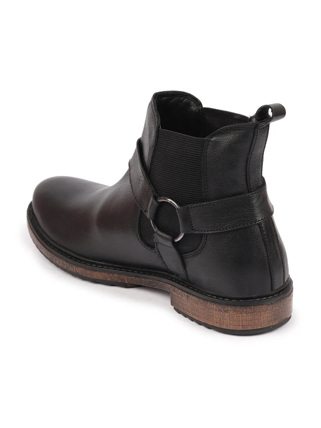 Men Black High Ankle Genuine Leather Side Ring Buckle Design Slip On Chelsea Work Boots