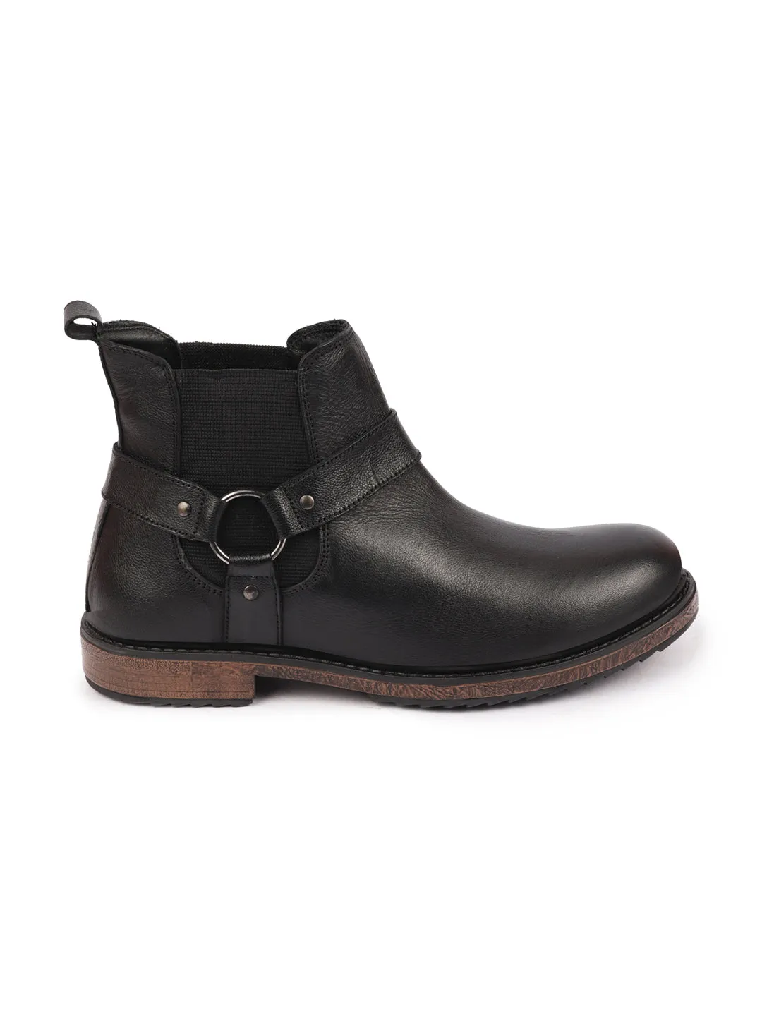 Men Black High Ankle Genuine Leather Side Ring Buckle Design Slip On Chelsea Work Boots