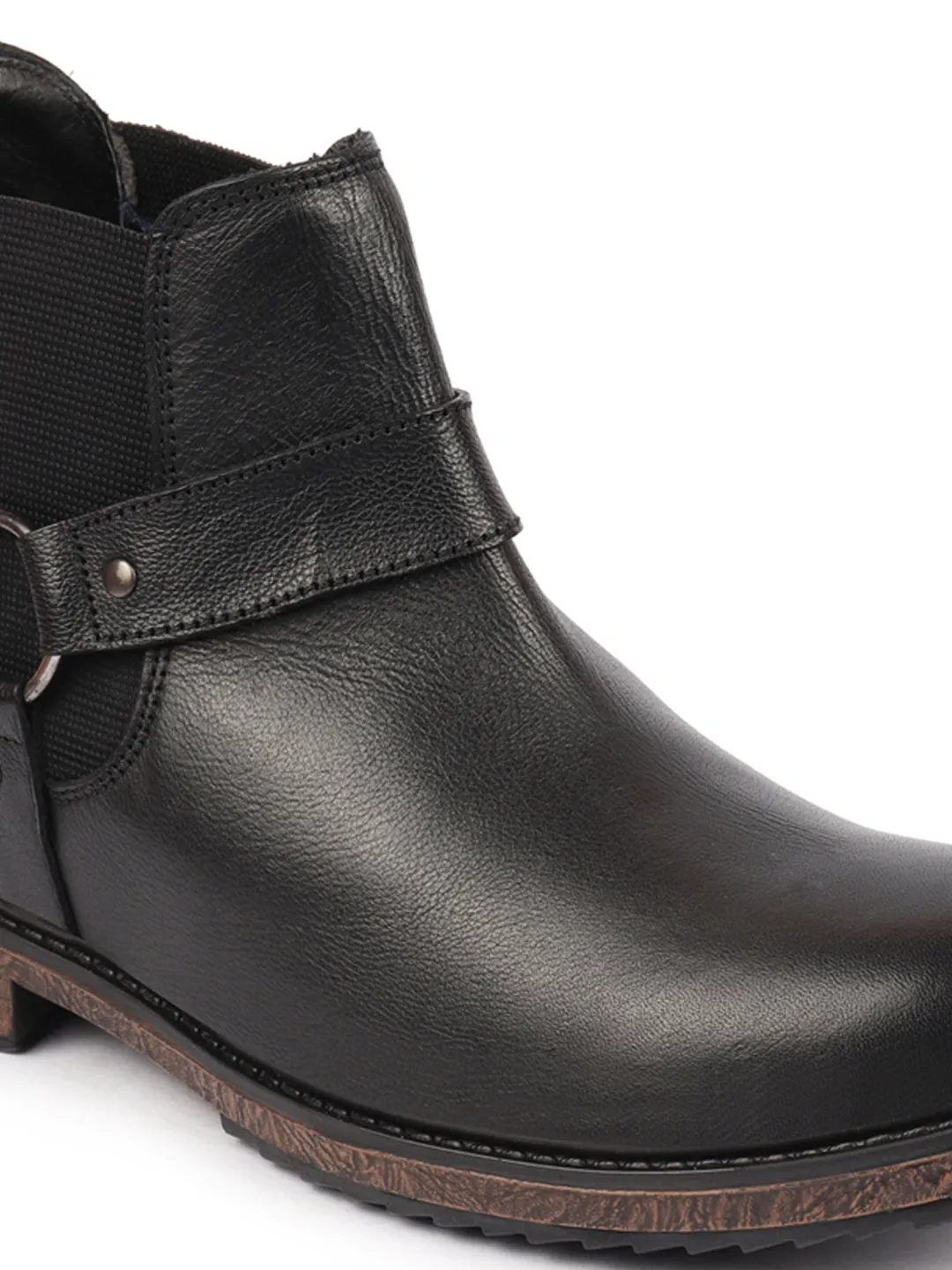 Men Black High Ankle Genuine Leather Side Ring Buckle Design Slip On Chelsea Work Boots