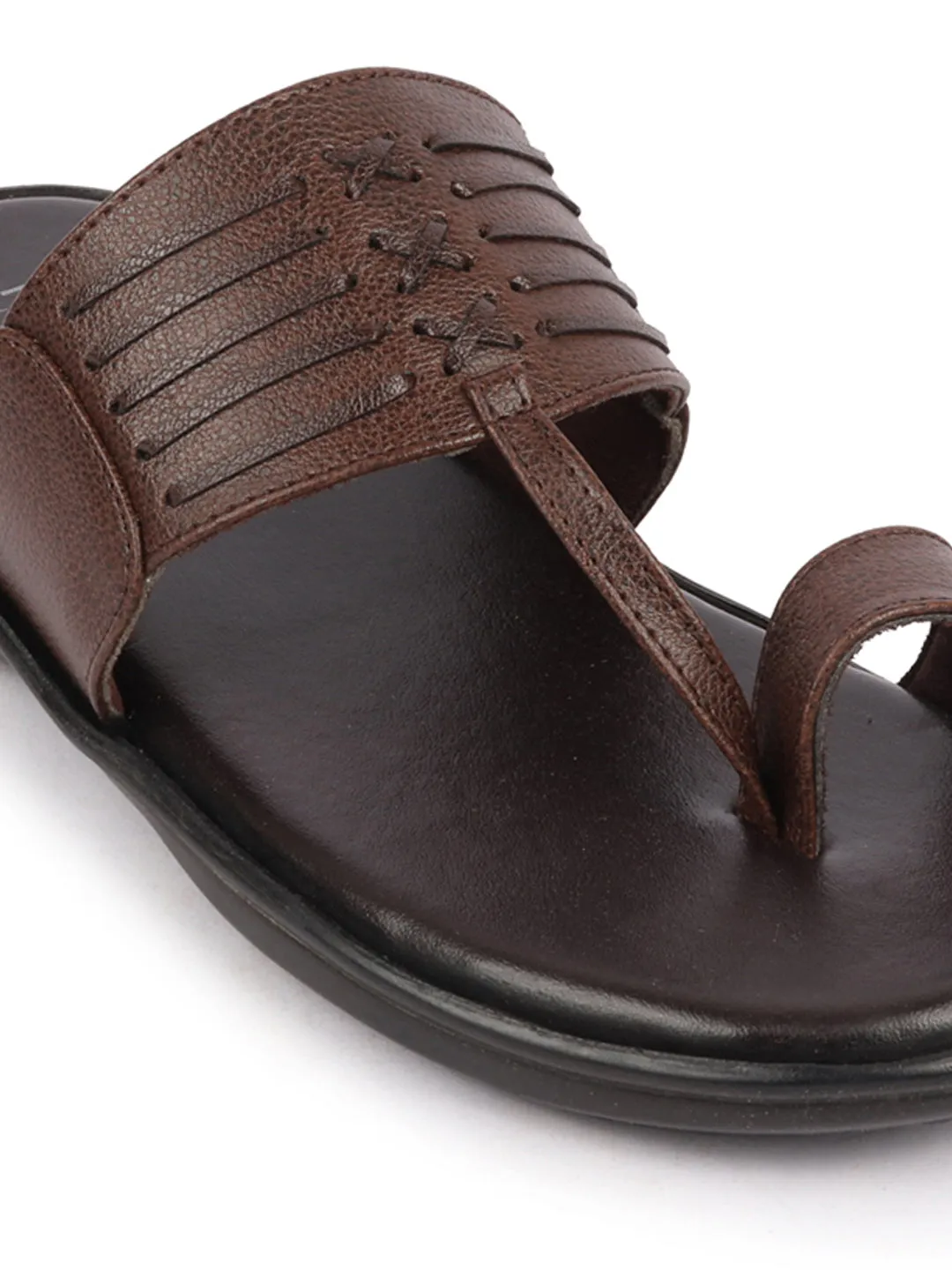 Men Brown Daily Indoor Outdoor Comfort Stitched Design Kolhapuri Toe Ring Slip On Slipper