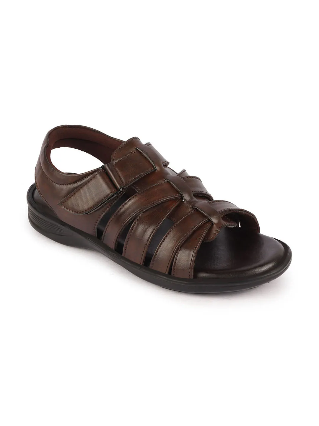 Men Brown Multi Cross Strap Broad Feet Open Toe Casual Dress Sandals