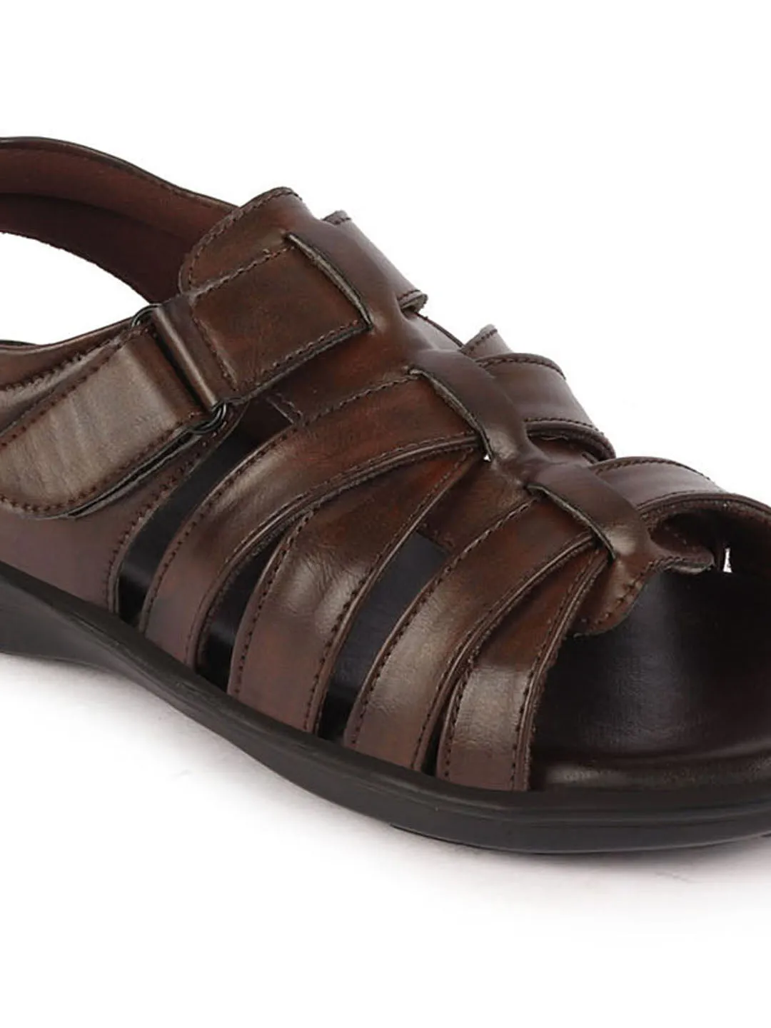 Men Brown Multi Cross Strap Broad Feet Open Toe Casual Dress Sandals