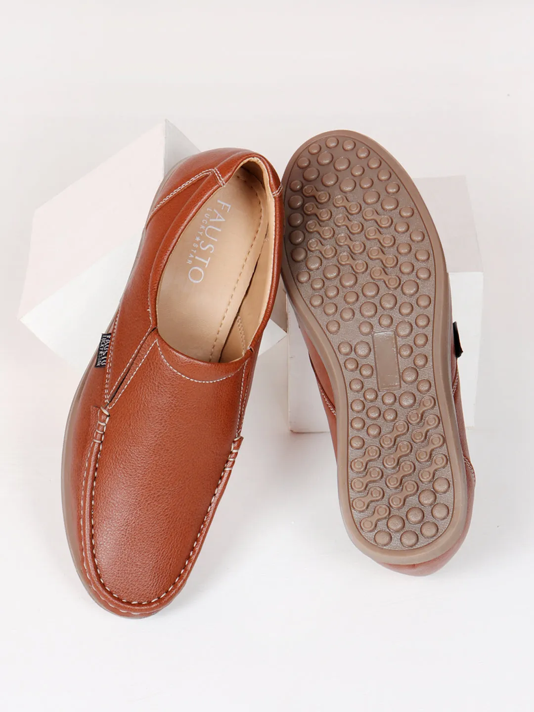 Men Tan Side Stitched Casual Comfort Slip On Loafer Shoes