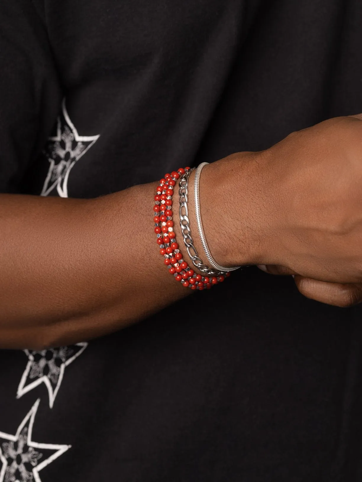 Men's Silver Wrap Around Bracelet with Red Jade