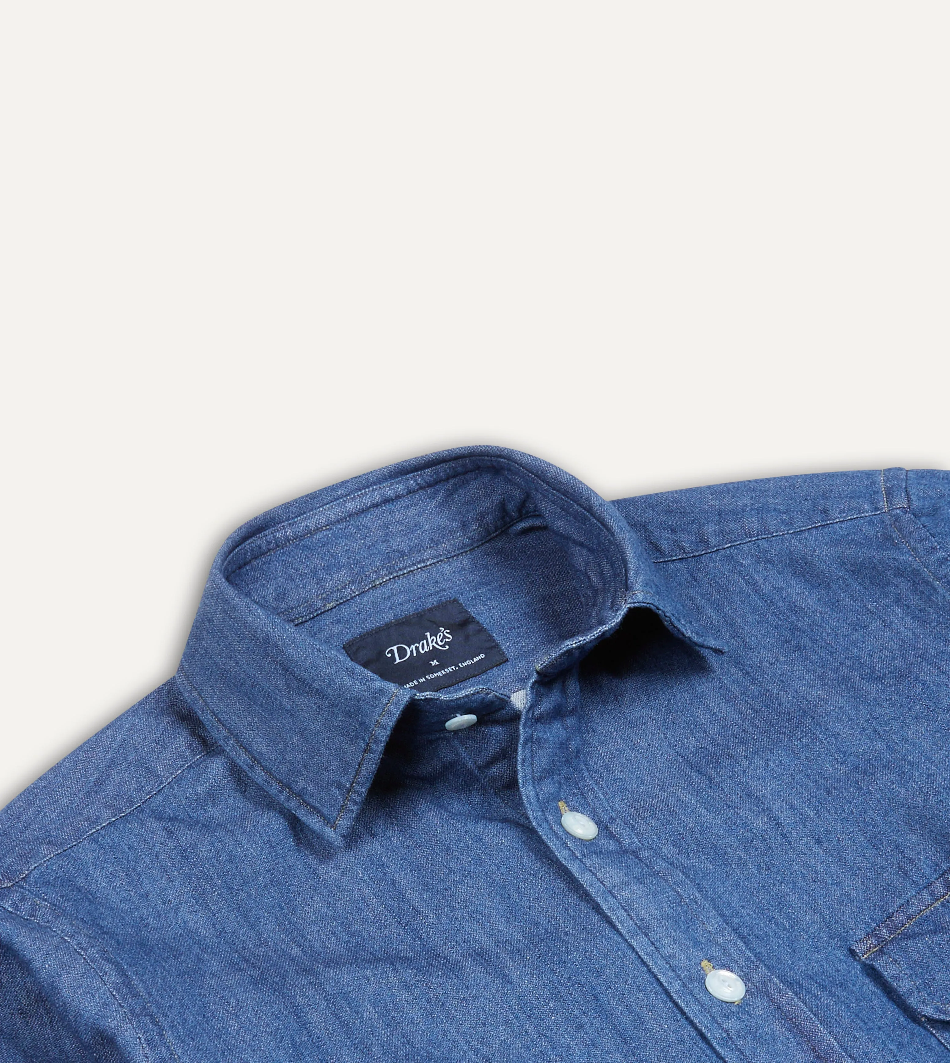 Mid-Blue Washed Denim Cotton Two-Pocket Work Shirt