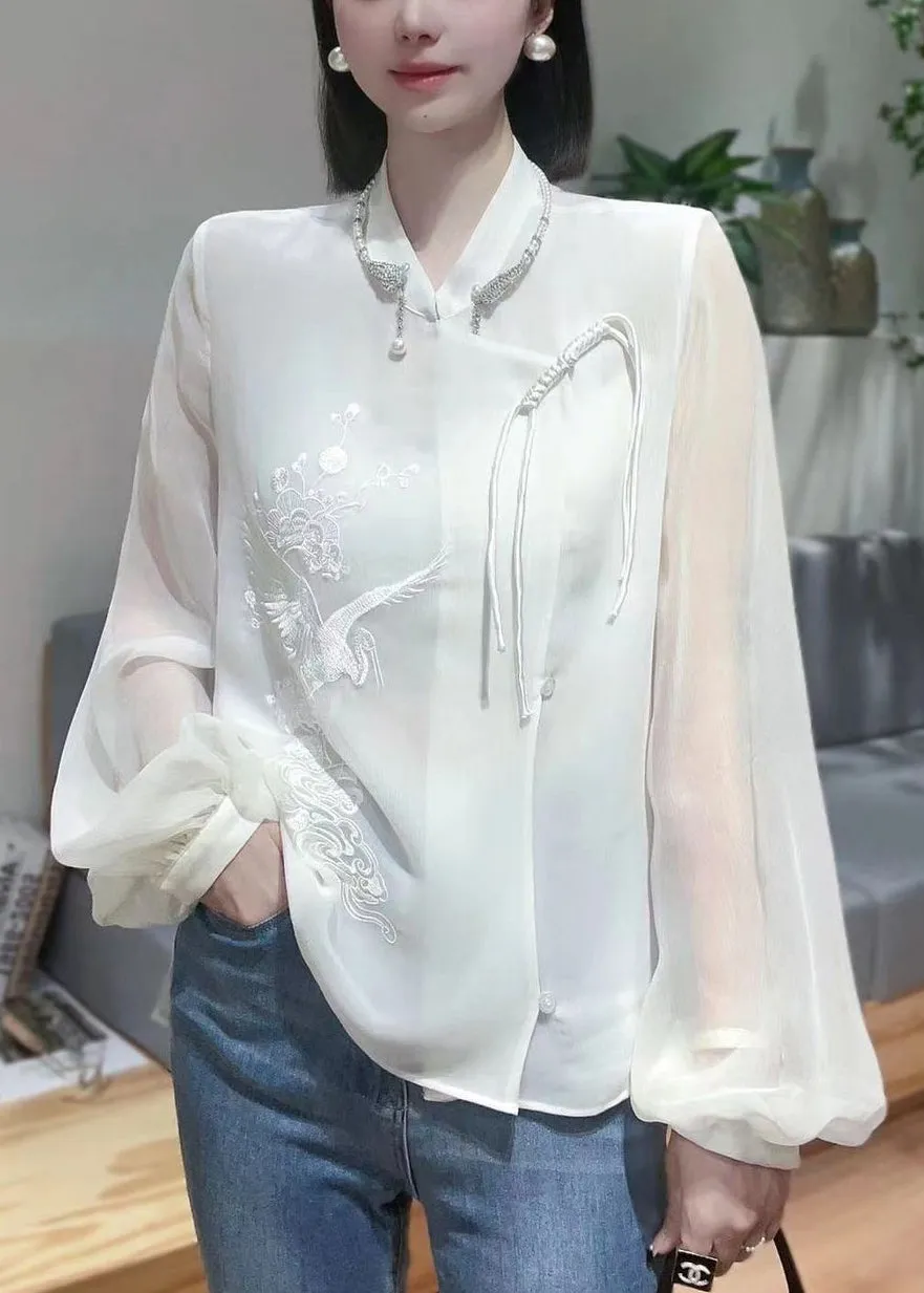 New White Embroidered Chinese Button Chiffon Shirt Spring QA1048