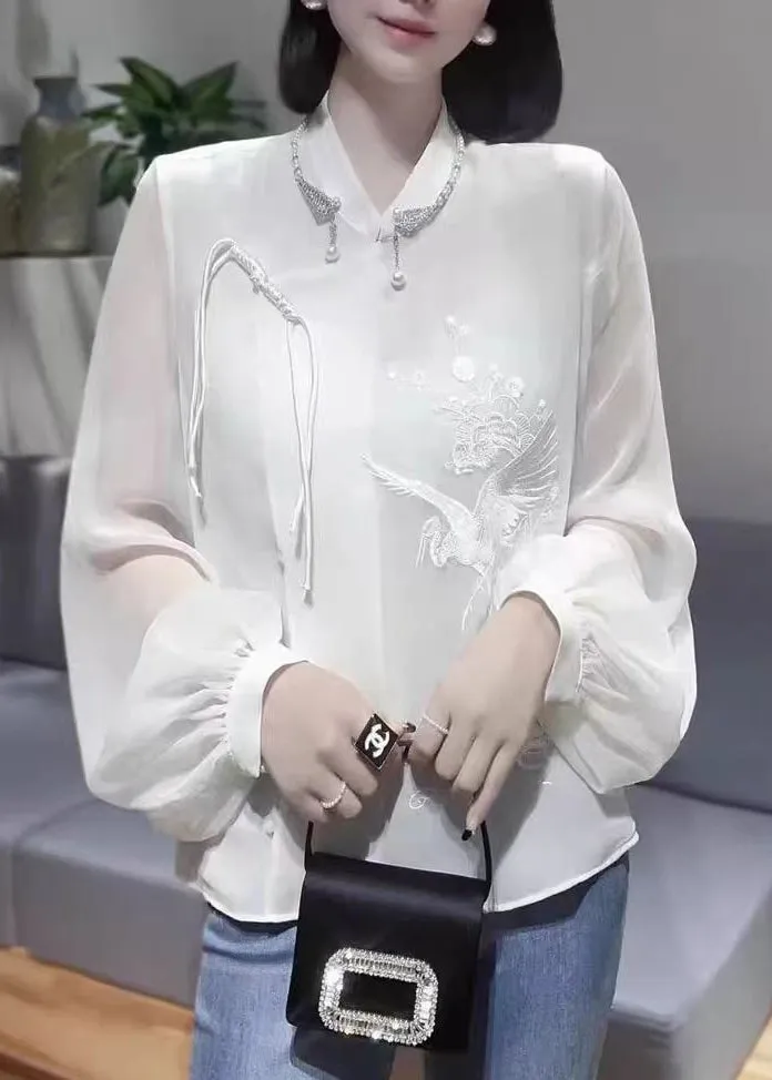 New White Embroidered Chinese Button Chiffon Shirt Spring QA1048