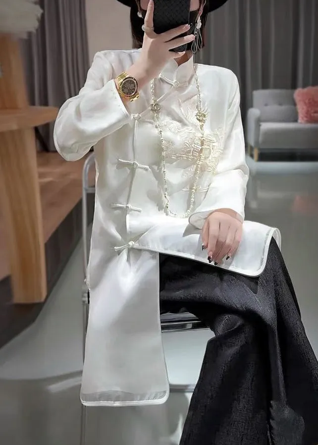 New White Stand Collar Embroidered Button Silk Shirt Long Sleeve QA1043