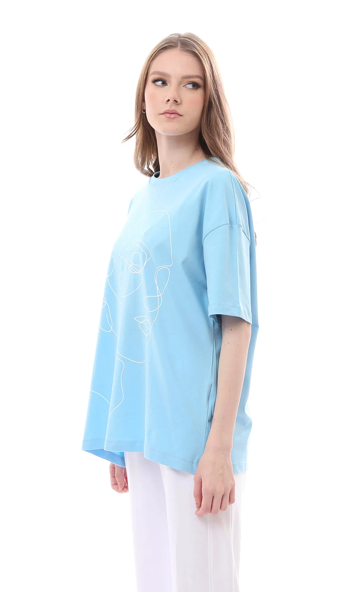 O165804 Sky Blue Graphic Pattern Relaxed Rayon T-Shirt