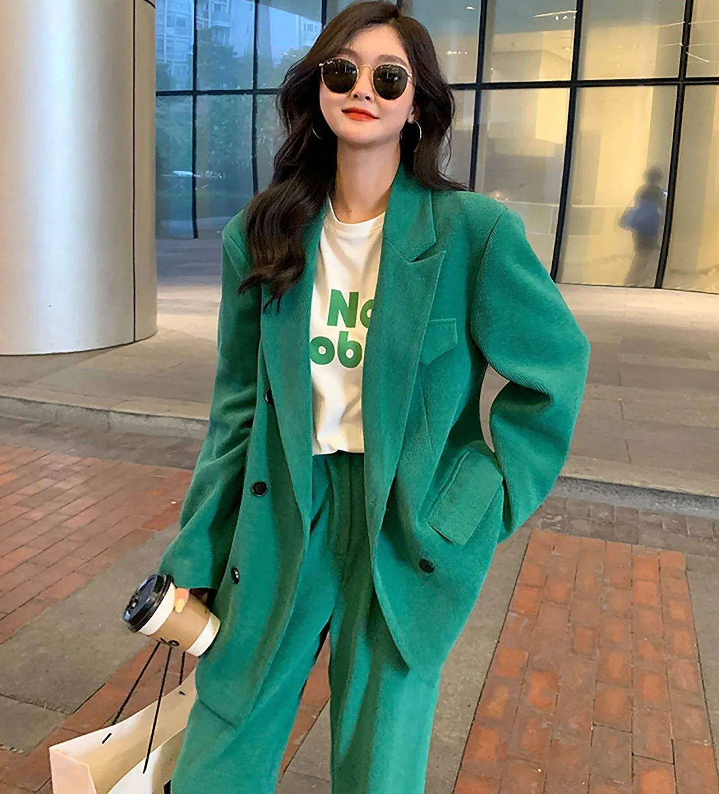 Oversize Double Breasted Green Corduroy Blazer & Pant Suit