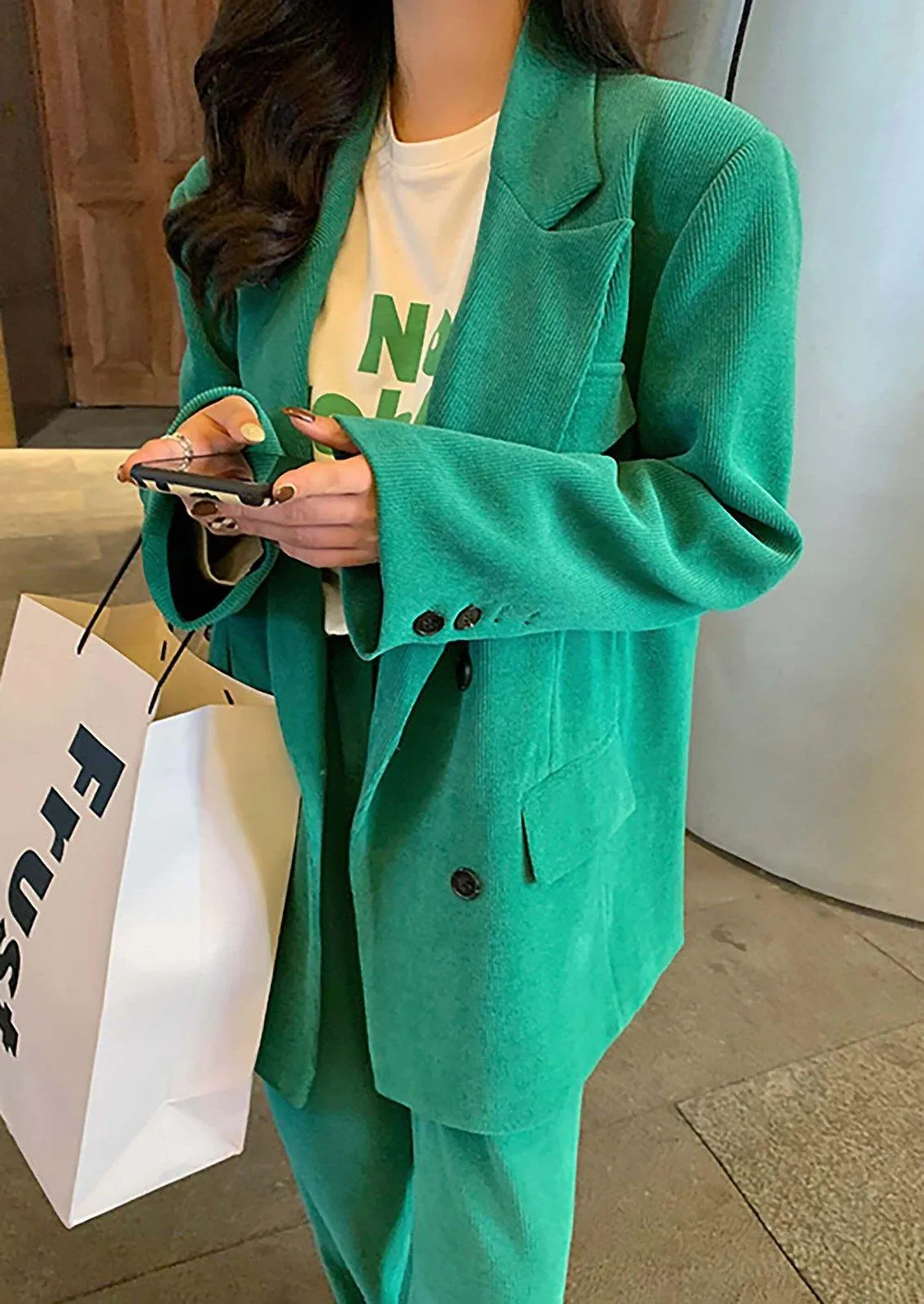 Oversize Double Breasted Green Corduroy Blazer & Pant Suit