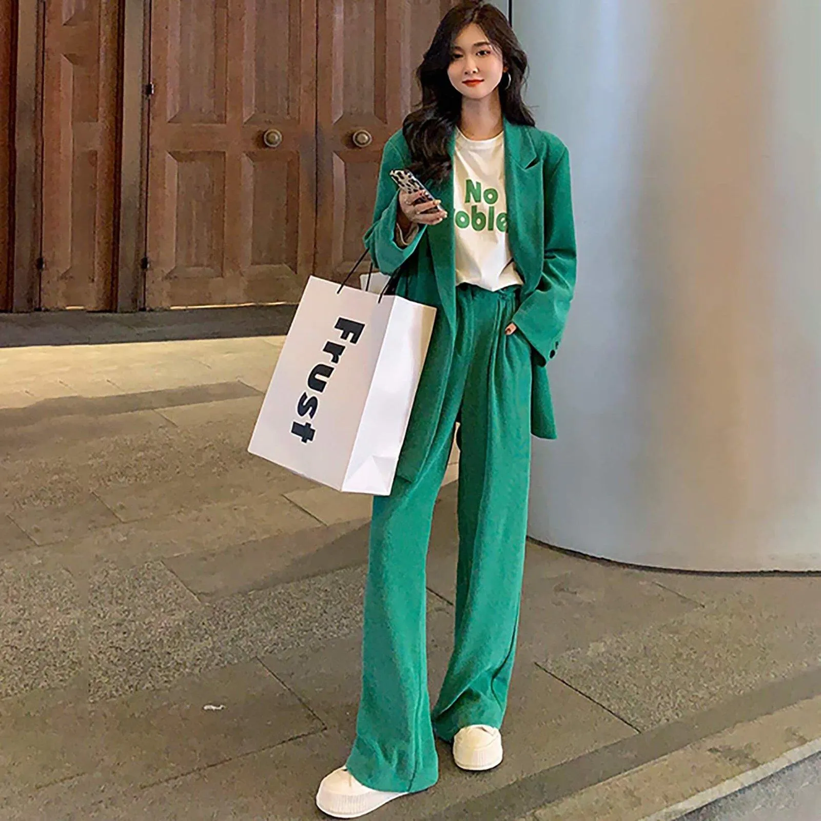 Oversize Double Breasted Green Corduroy Blazer & Pant Suit