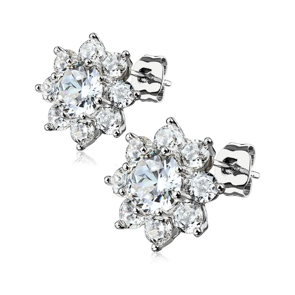 Pair of Round CZ Flower 316L Surgical Steel WildKlass Post Earring Studs