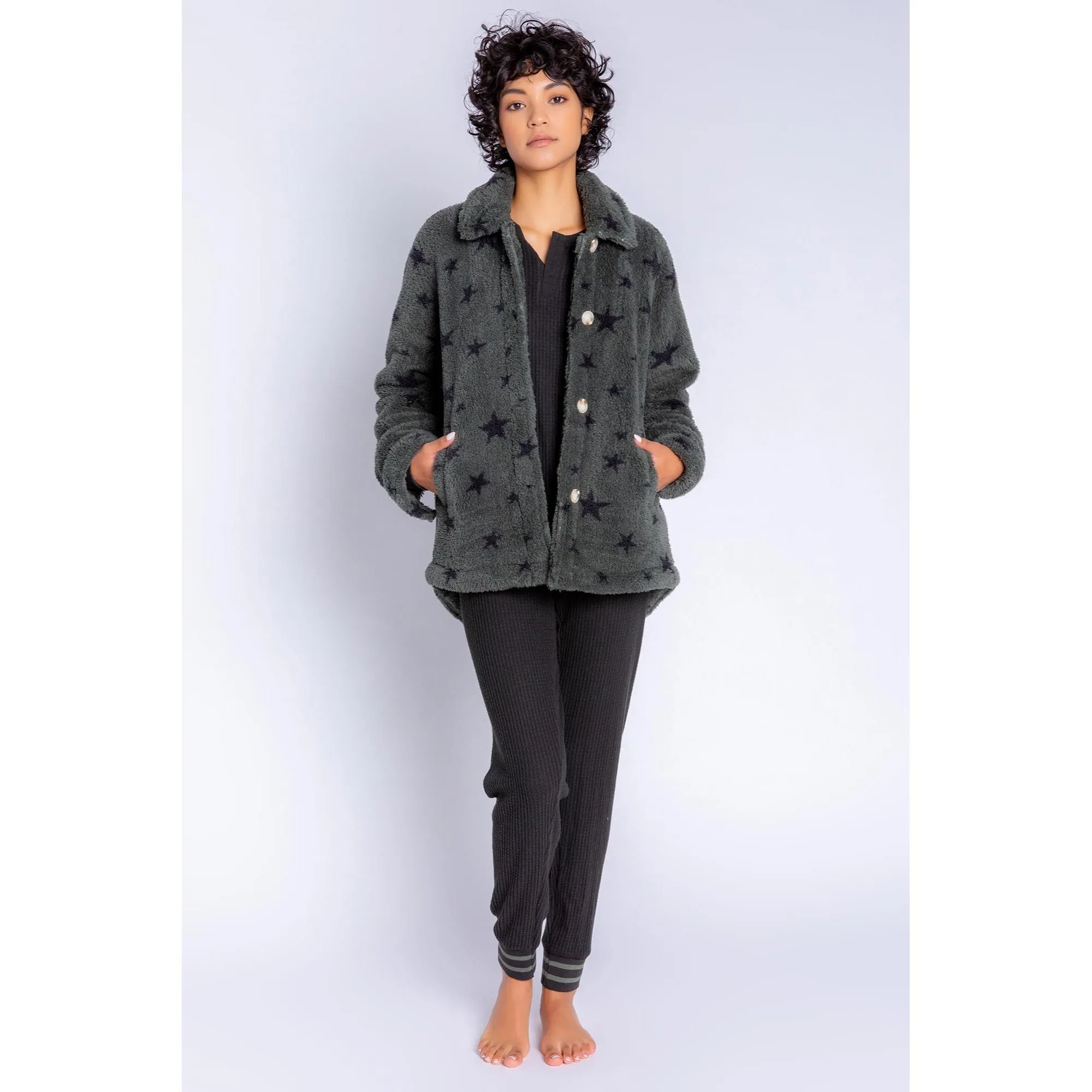 PJ Salvage Women's Cozy Items Stars Jacket - OLIVE