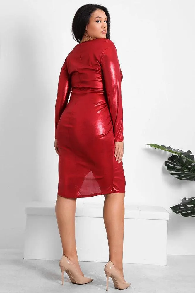 Red Metallic Shimmer Fixed Wrap Party Dress