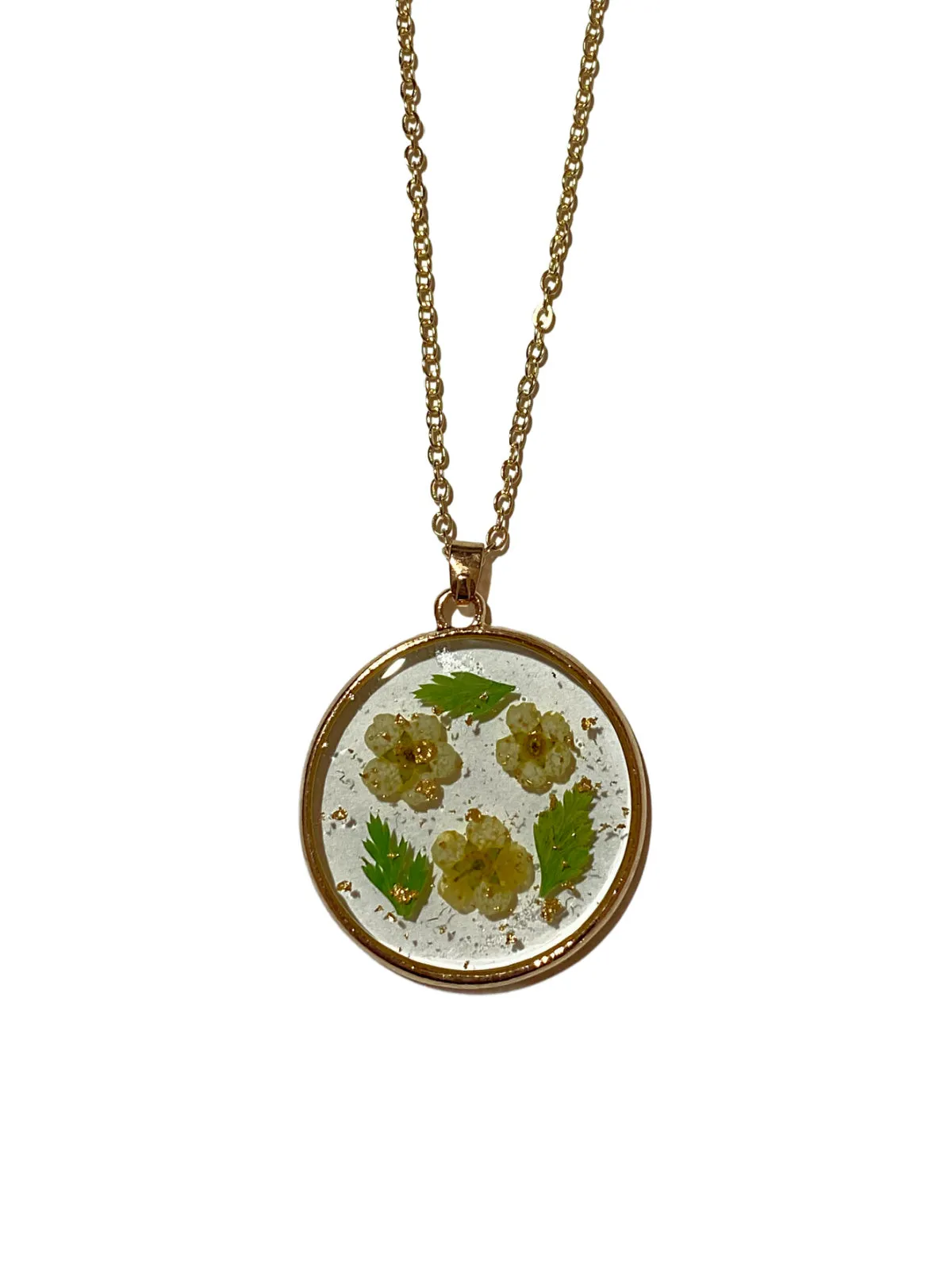 Round Pressed Yellow Flowers Necklace