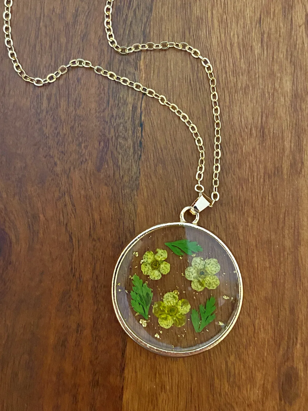 Round Pressed Yellow Flowers Necklace