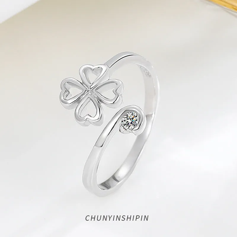 s925 Sterling Silver Four Leaf Clover Toi et Moi ring