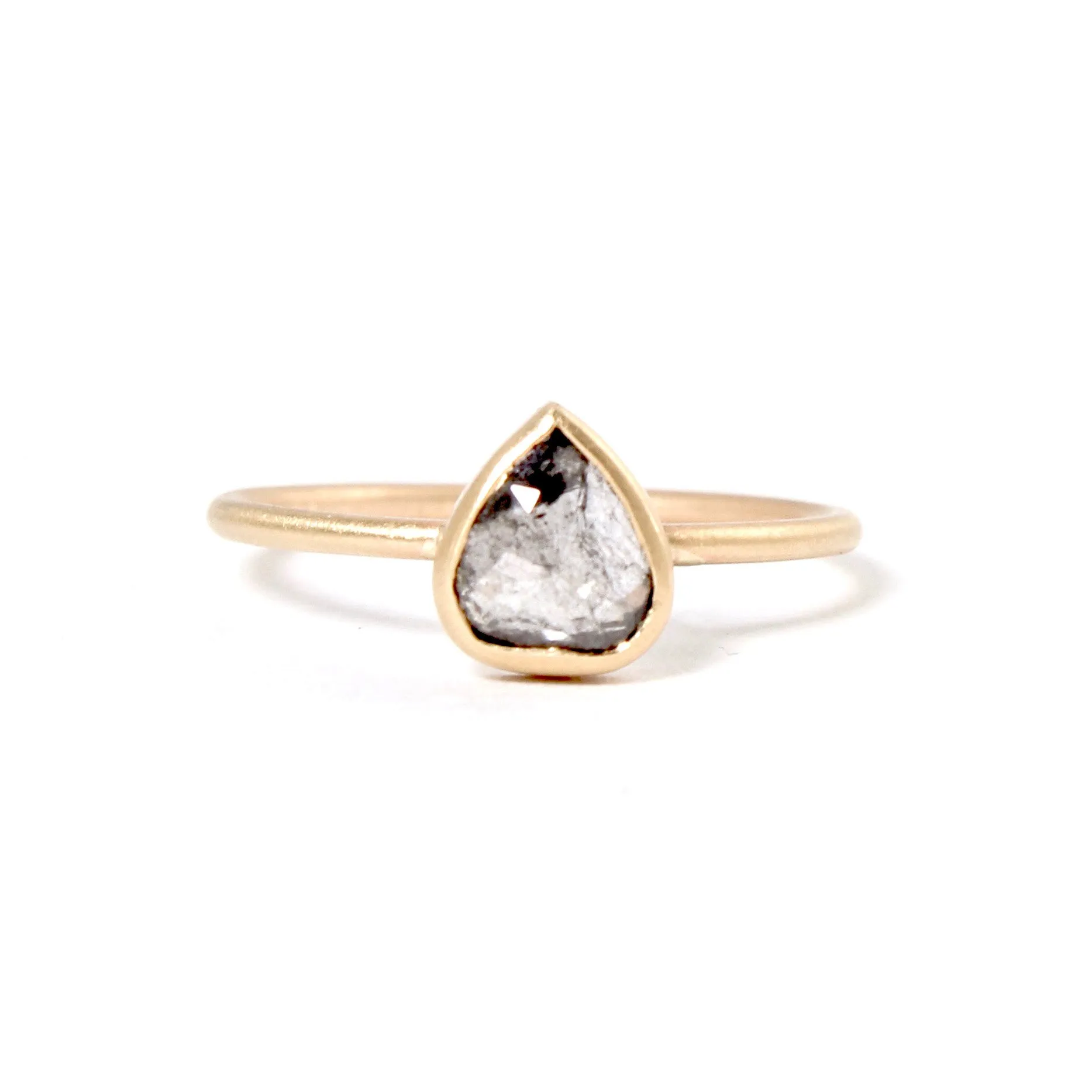 Salt & Pepper Rose Cut Pear Shape Diamond Ring in 14kt Gold by Rebecca Overmann