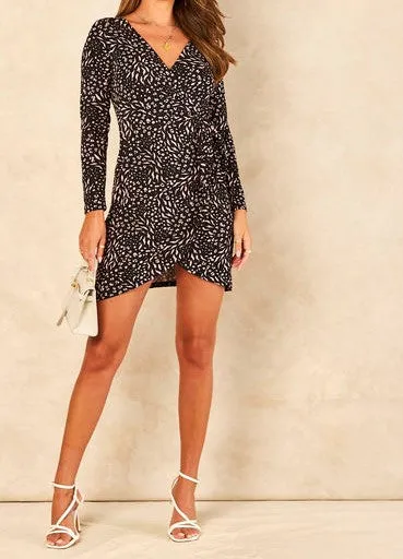 Signage Wrap Animal Floral Printed Short Dress With Belt