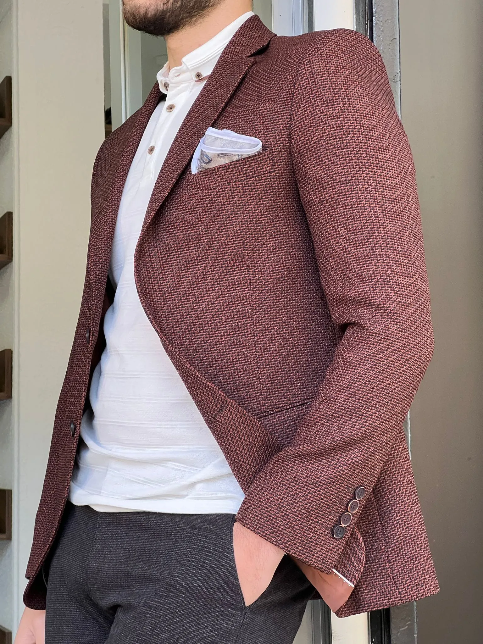 Slim Fit Knitted Brown Jacket