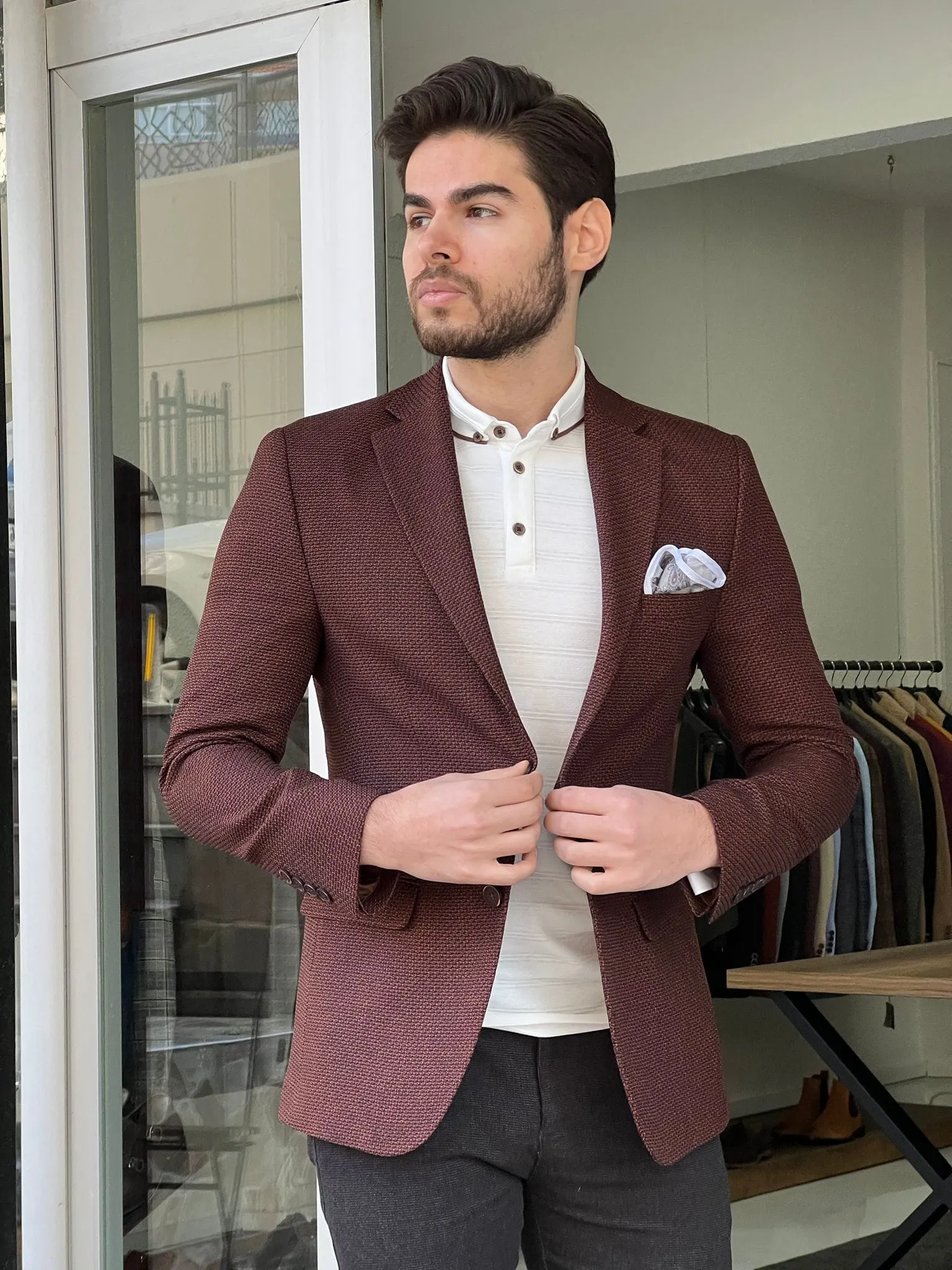 Slim Fit Knitted Brown Jacket