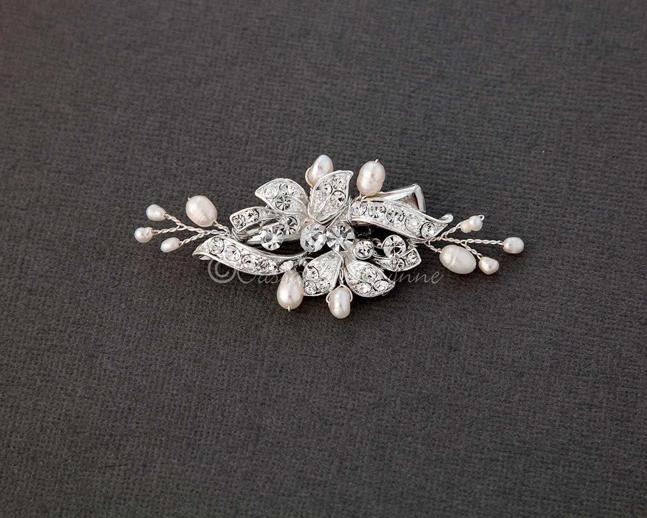 Small Crystal and Pearl Floral Hair Barrette