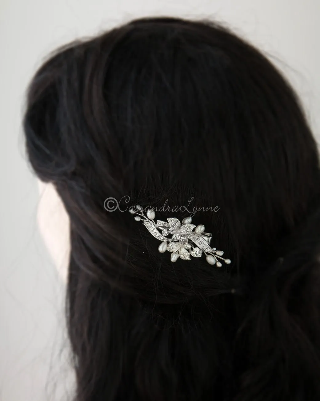 Small Crystal and Pearl Floral Hair Barrette