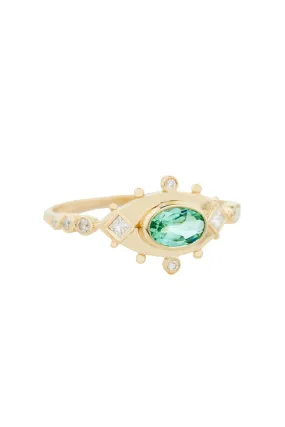 Turquoise Tourmaline & Diamonds Eye Ring - 14k Yellow Gold