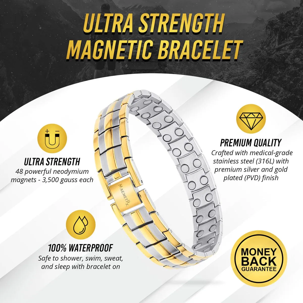 Ultra Strength Magnetic Therapy Bracelet Silver & Gold Classic