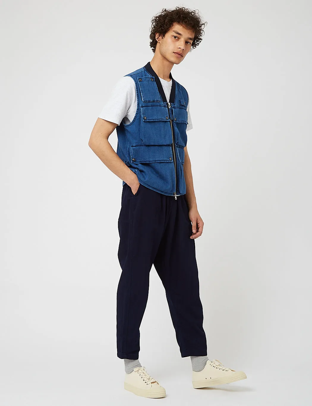 Universal Works JOJO Anglers Waistcoat (Herringbone Denim) - Washed Indigo