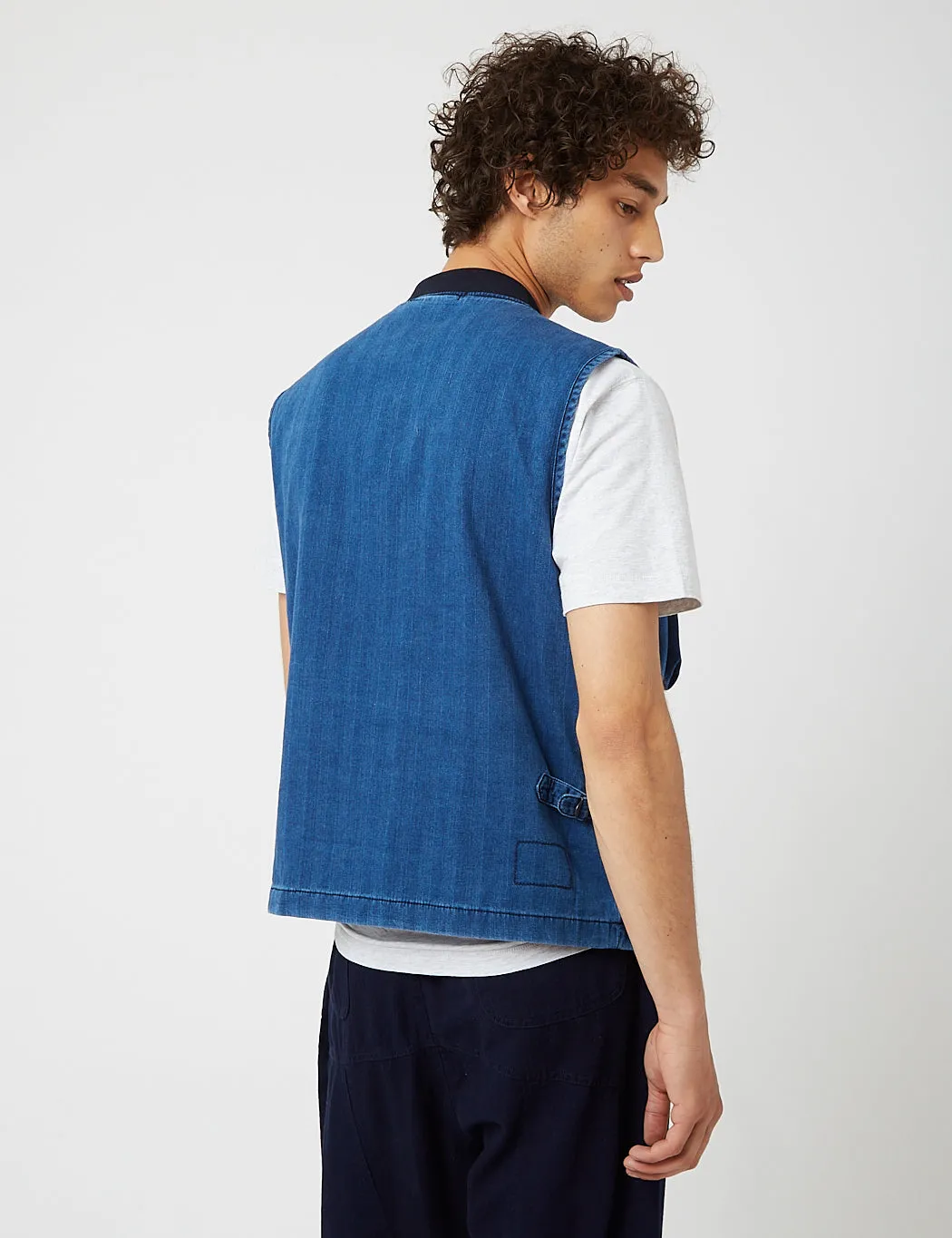 Universal Works JOJO Anglers Waistcoat (Herringbone Denim) - Washed Indigo