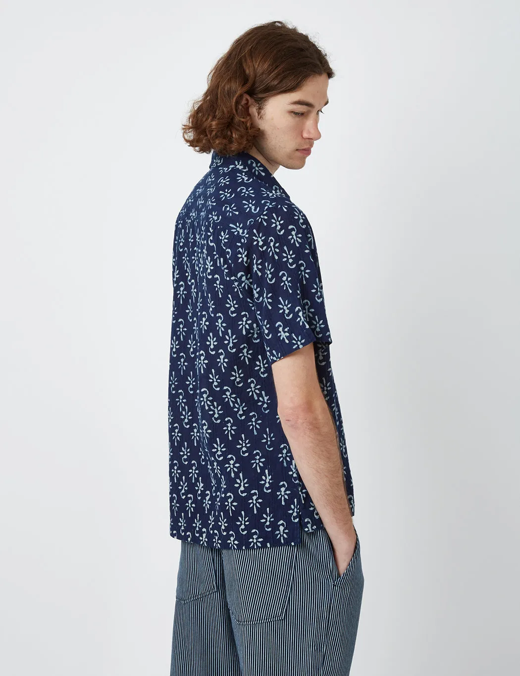 Universal Works Pullover Short Sleeve Shirt (Flower Print) - Indigo Blue