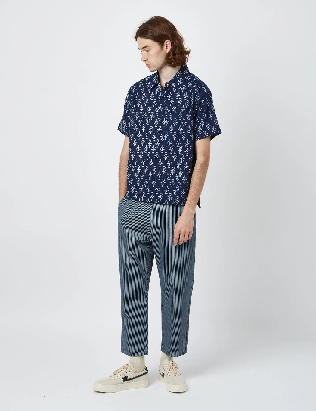 Universal Works Pullover Short Sleeve Shirt (Flower Print) - Indigo Blue