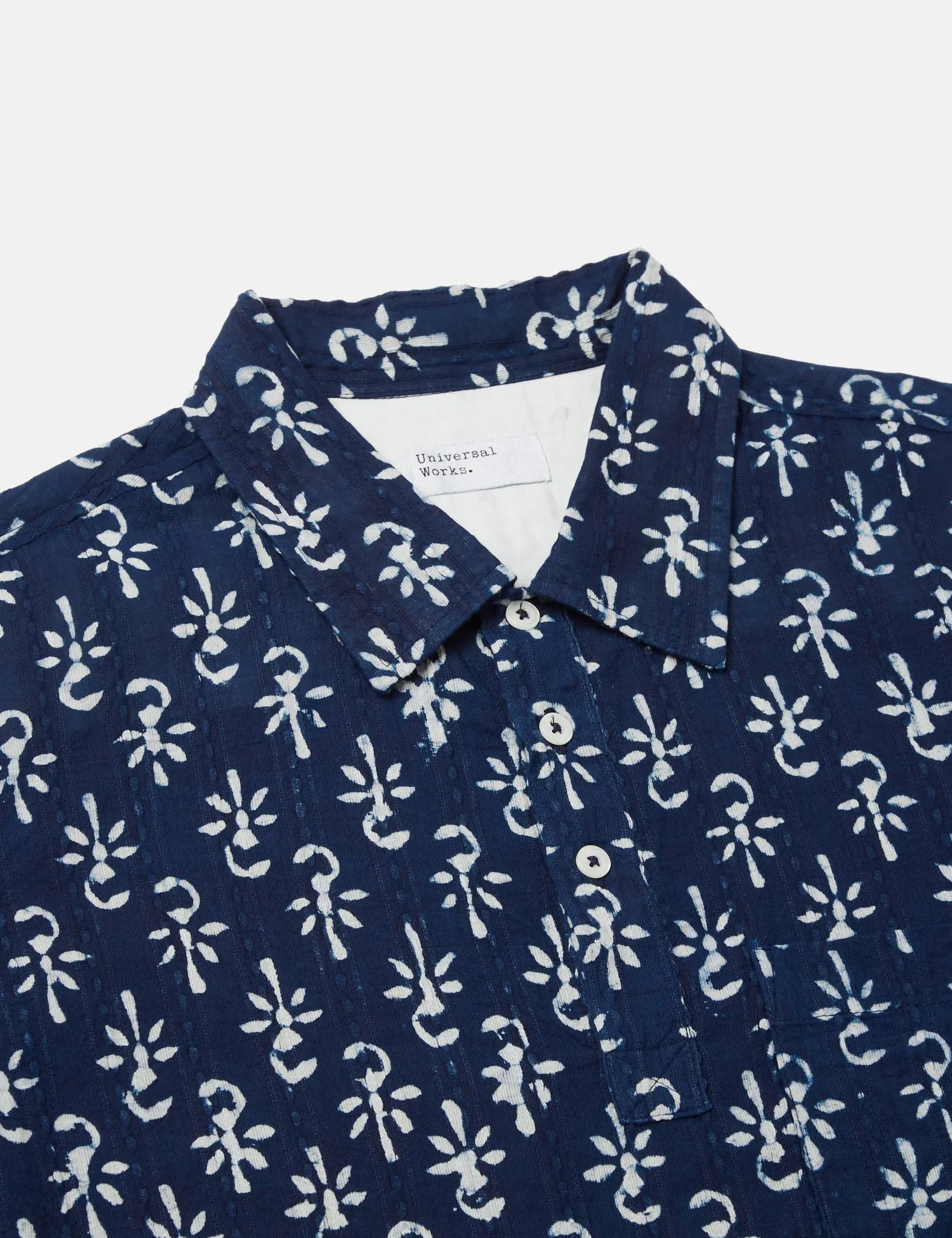 Universal Works Pullover Short Sleeve Shirt (Flower Print) - Indigo Blue