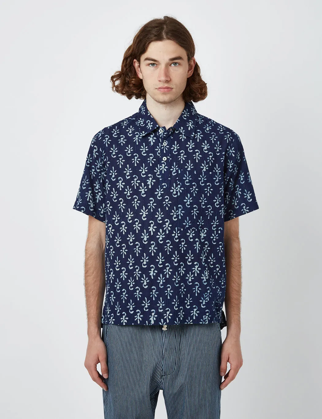 Universal Works Pullover Short Sleeve Shirt (Flower Print) - Indigo Blue