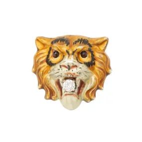 Victorian 14k Diamond   Enamel Tiger Pendant