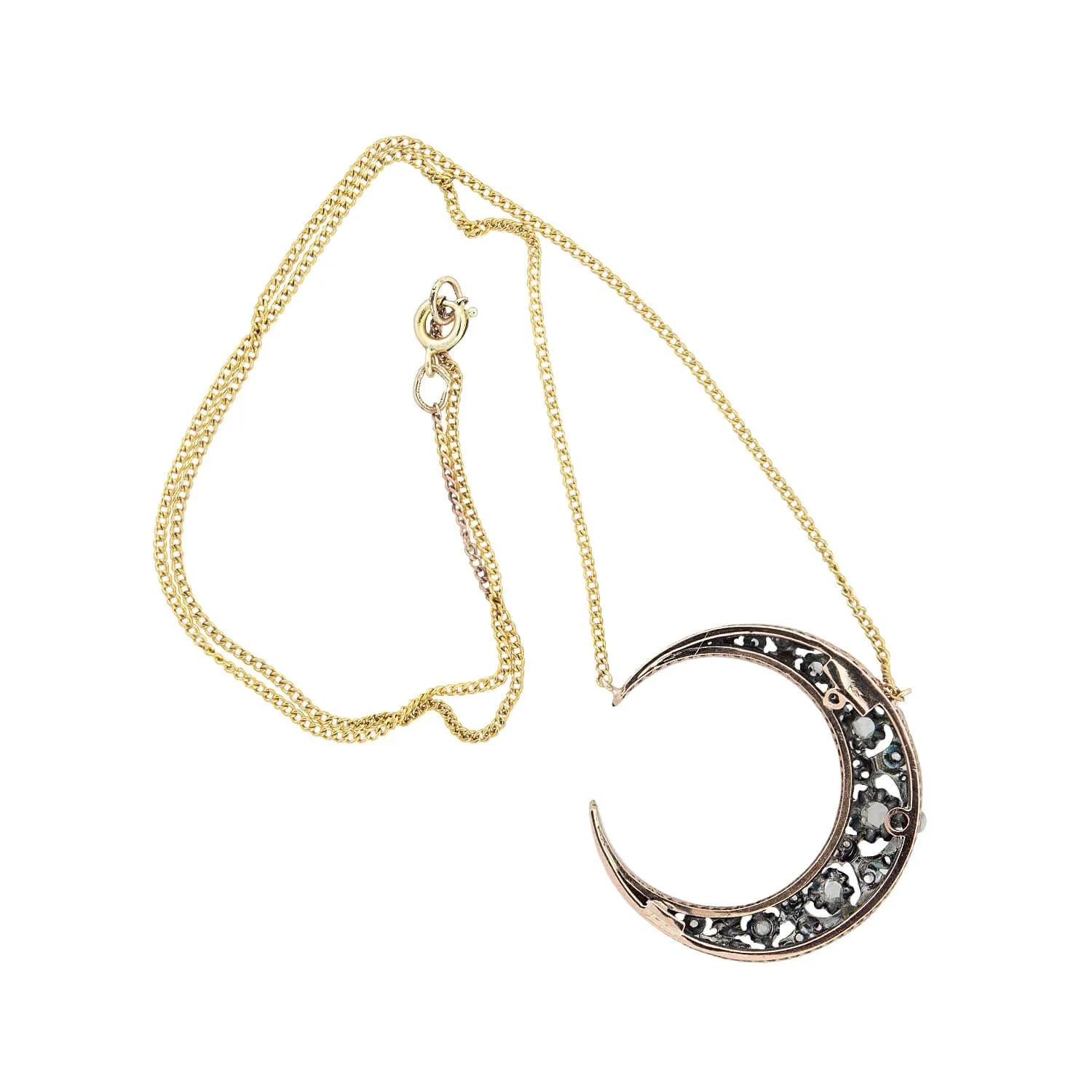 Victorian 18k   Sterling Topped Diamond Crescent Moon Necklace