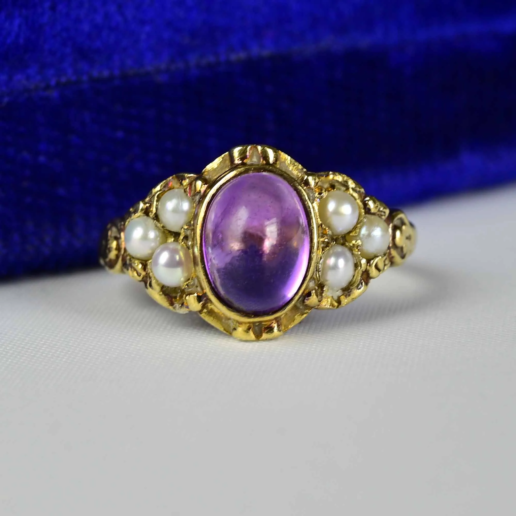 Victorian Style Cabochon Amethyst Seed Pearl Ring