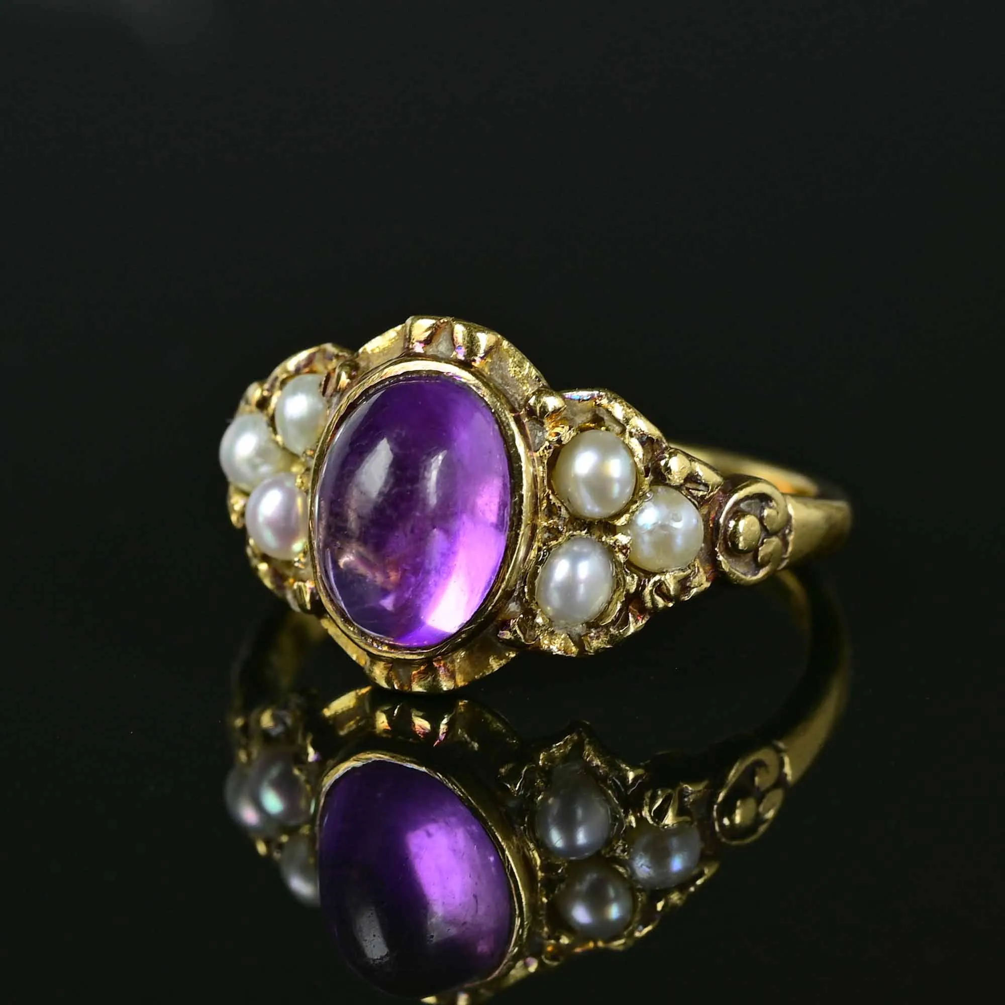 Victorian Style Cabochon Amethyst Seed Pearl Ring