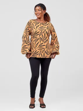 Vivo Dalia Bishop Sleeve Tie Top - Gold Kasai Print