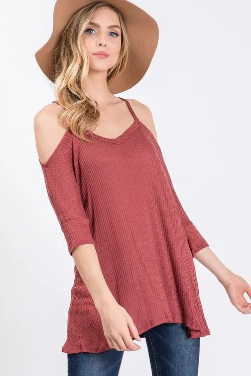 Waffle v neck cold shoulder hi-low top