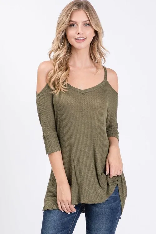 Waffle v neck cold shoulder hi-low top