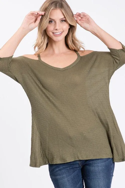 Waffle v neck cold shoulder hi-low top